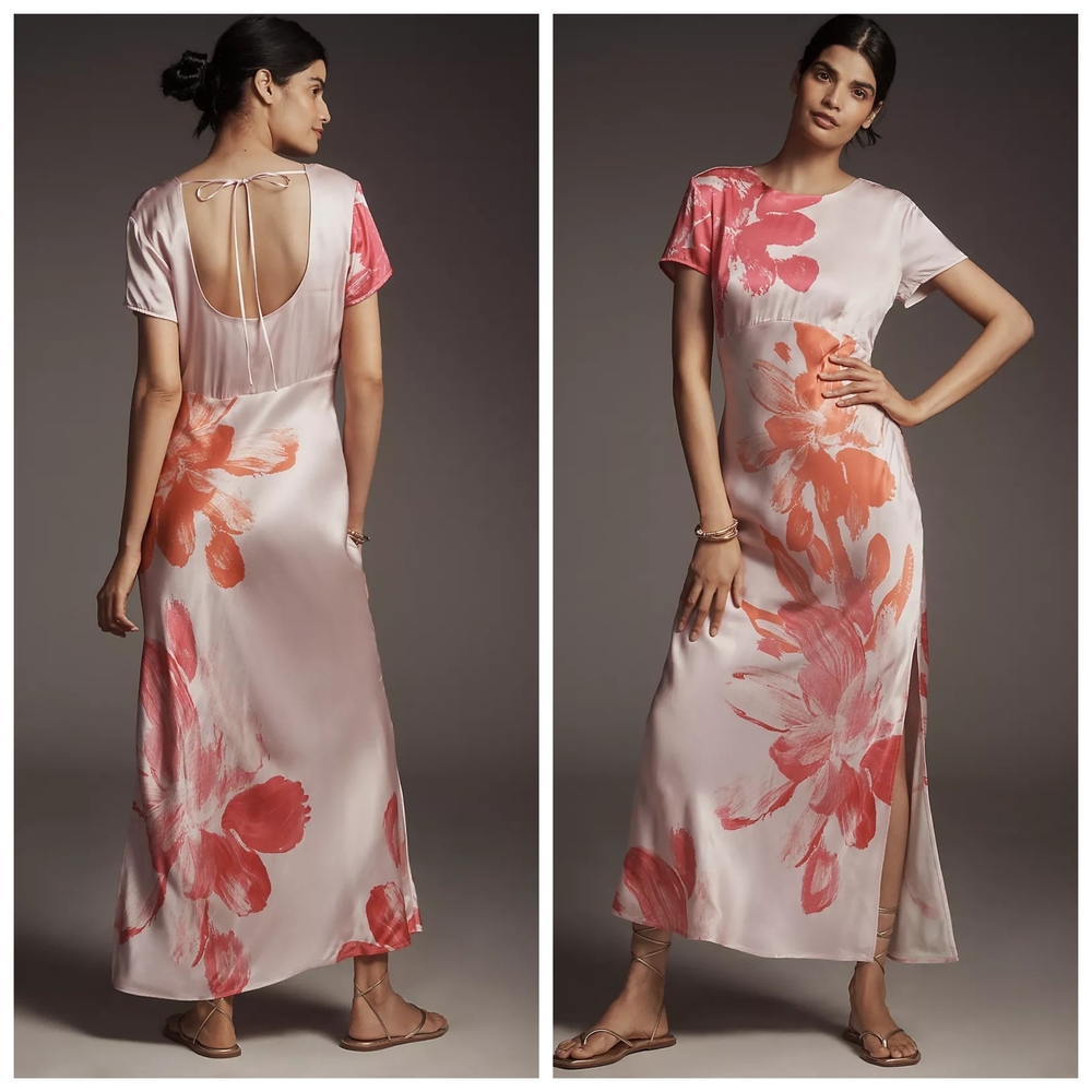 Anthropologie Floral Elegant Short-Sleeve Maxi Slip Dress